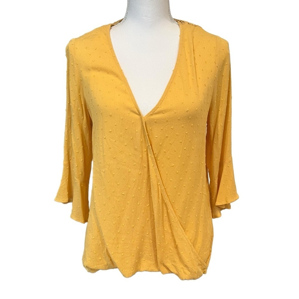 Staccato Swiss Dot Faux Wrap Blouse Open‎ Crochet Back Bell Sleeves Size Small